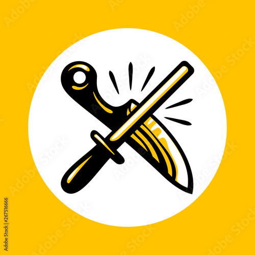 Knives sharpening icon in trendy flat style isolated on white background. Emblem of crossed knife and sharpener. Vector illustration