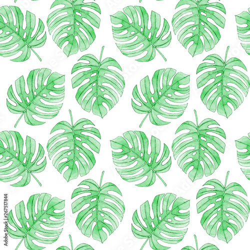 Watercolor seamless pattern with tropical palm monstera leaves. © L