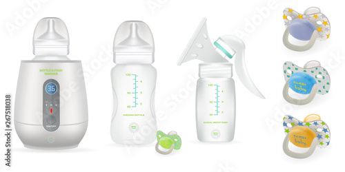 Vector set of baby care accessories, pacifier, bottle with silicone nipple for feeding newborns, bottle warmer, manual breast pump. 3d realistic products for infants on white background.