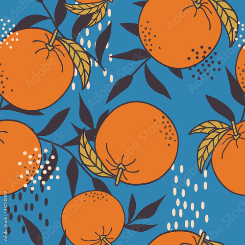 Fresh oranges, leaves background. Hand drawn overlapping backdrop. Colorful wallpaper vector. Seamless pattern with citrus fruits. Decorative illustration, good for printing