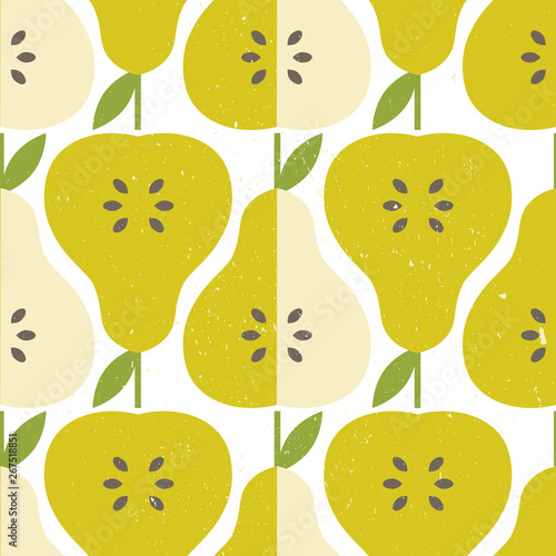 Pears and leaves background. Hand drawn overlapping backdrop. Colorful wallpaper vector. Seamless pattern with fruits. Decorative illustration, good for printing. Design poster
