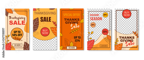 Shopping Sale Discounts Set for Happy Thanksgiving Holiday. Price Promotion Collection. Seasonal Great Offer Advertisement. Vector Illustration in Flat Autumn Style with Plants Leaves and Copy Space