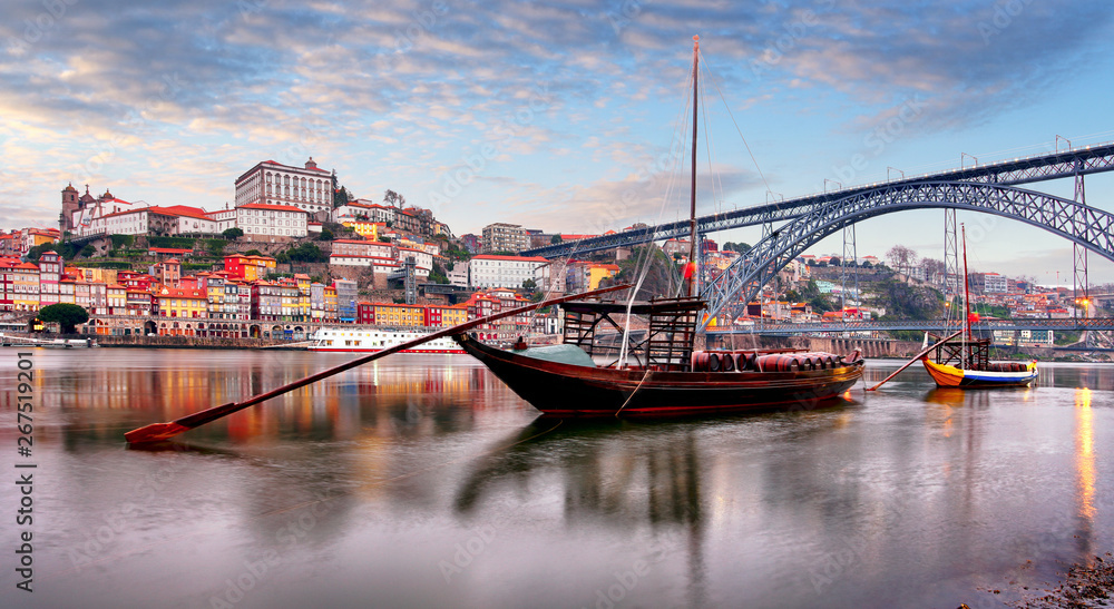 Cityscape of Porto (Oporto) old town, Portugal. Valley of the Douro River. Panorama of the famous Portuguese city.