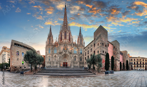 Cathedral of the Holy Cross and Saint Eulalia at sunset in Barcelona, Spain