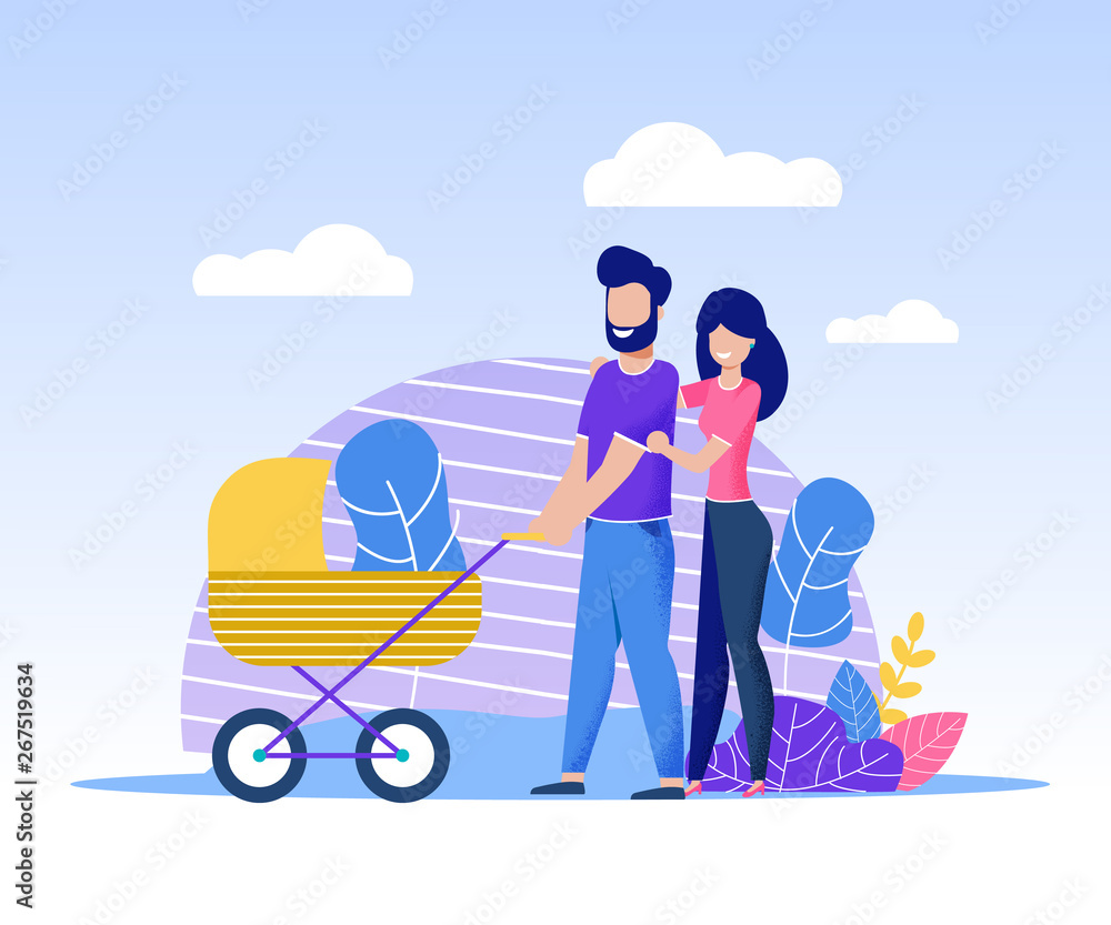 Fototapeta premium Happy Family Spending Time Together Walking in Park. Smiling Father Carrying Stroller with Baby and Mother Going near. Satisfied Wife Hugging Husband by Shoulders. Vector Cartoon Flat Illustration