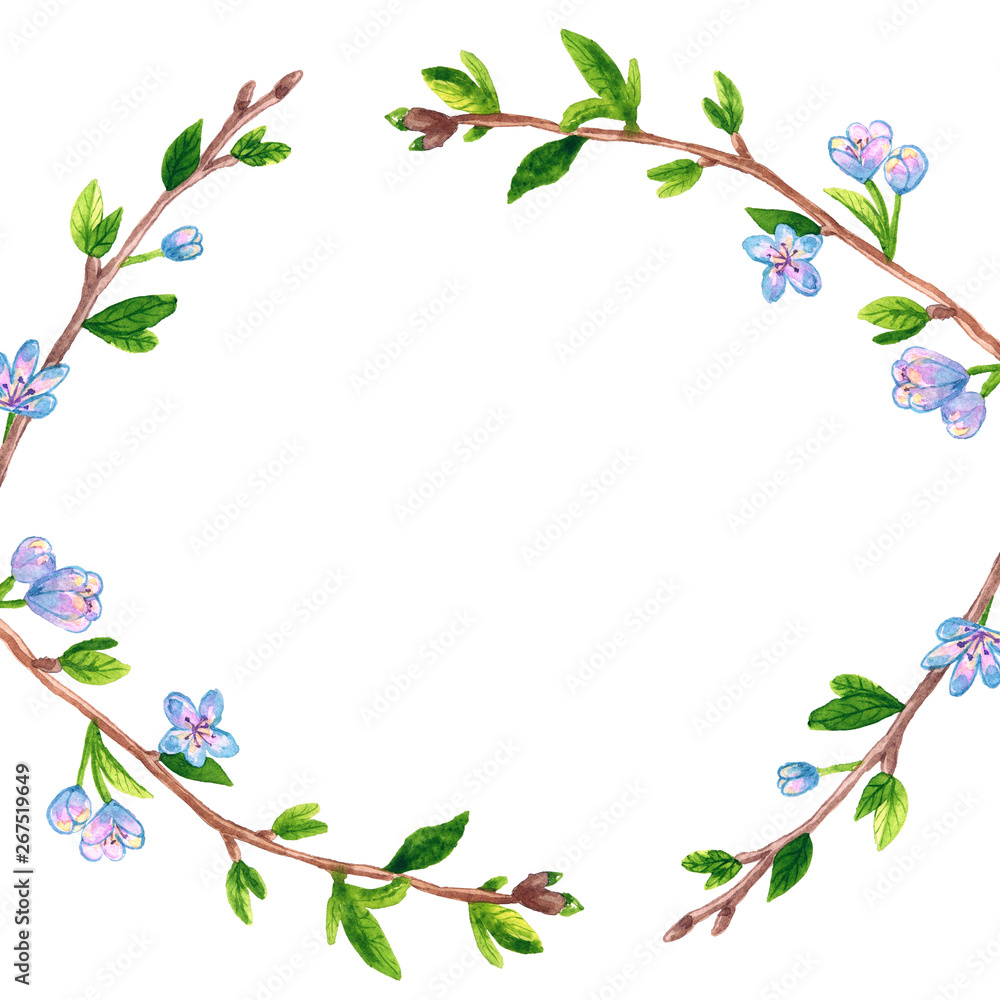 Floral frame with spring branches apple or cherry tree. Hand drawn watercolor illustration. Isolated on white background.
