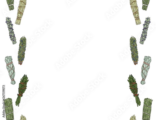 Sage smudge sticks hand-drawn letter format colorful seamless pattern. Herb bundles stationary ornament