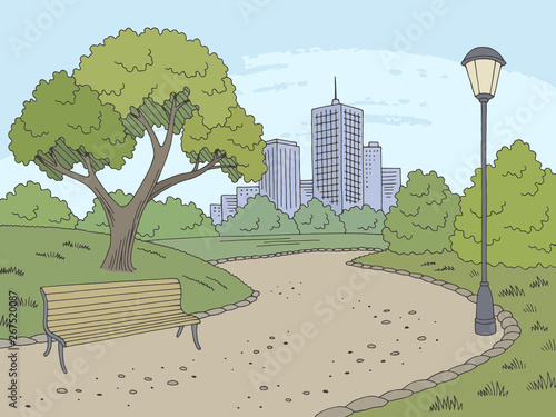 Park graphic color bench lamp landscape sketch illustration vector