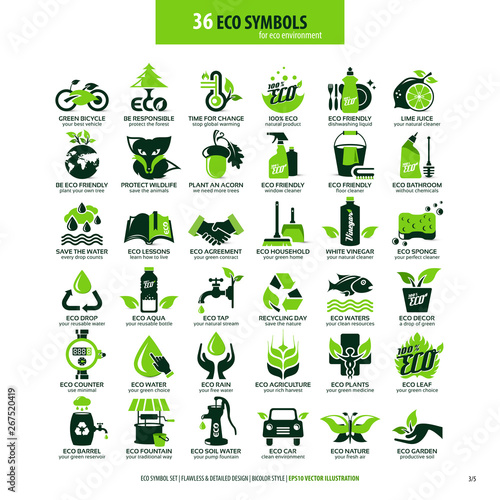 collections of eco friendly flat symbols, high detailed icons, graphic design web elements, alternative ecological concept, isolated emblems on clean white background, logotype vector art illustration