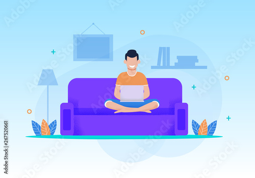 Smiling Man Play Video Game, Type in Social Chat Using Laptop Sitting on Sofa at Living Room. Relax or Working on Comfortable Couch on Evening or Weekend at Home. Flat Vector Cartoon Illustration