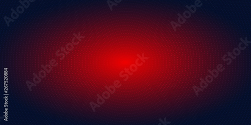 Abstract red radial dots pattern halftone on dark blue gradient background. Technology digital concept futuristic neon lighting.