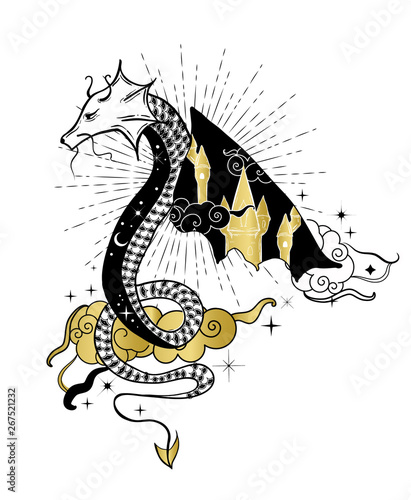 Fototapeta Naklejka Na Ścianę i Meble -  Boho illustration in art tattoo style with dragon and medieval castle. Fantasy animal with double exposure effect.