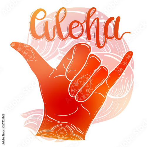 Shaka hand sign with lettering "aloha", grunge t-shirt surfing print.
