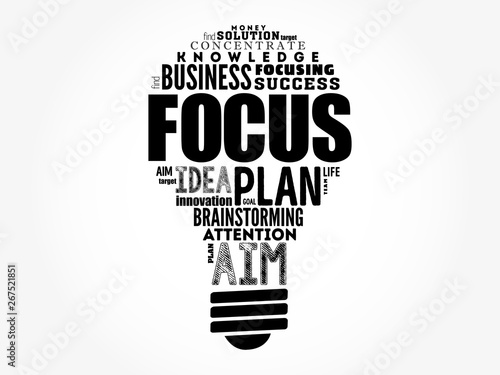 FOCUS light bulb word cloud collage, business concept background