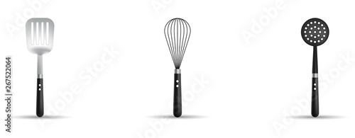 Kitchen utensils isolated on white background. Spatula, skimmer and whisk. Vector illustration, eps 10.