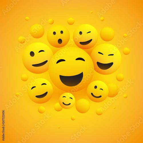 Various Smiling and Laughing Happy Emoticons in Front of a Yellow Background, Vector Concept Illustration 