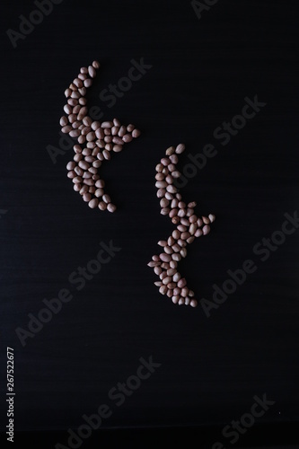 set of raw peanuts making design on a dark wooden table