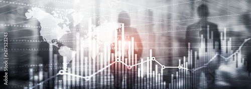 Universal Abstract background. Silhouettes of Business People. Economic growth graph chart. Double exposure mixed media.