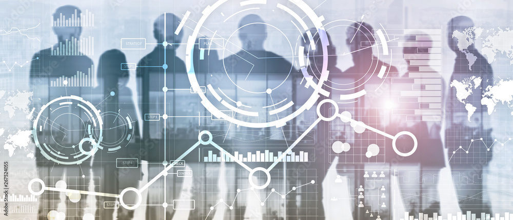 Business interface mixed media double exposure financial chart graph diagram and icon on virtual screen. Innovation concept. Business interface mixed media double exposure financial chart graph diagram and icon on virtual screen. Innovation concept.