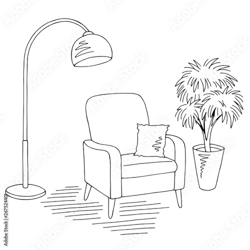 Living room graphic black white home interior sketch illustration vector