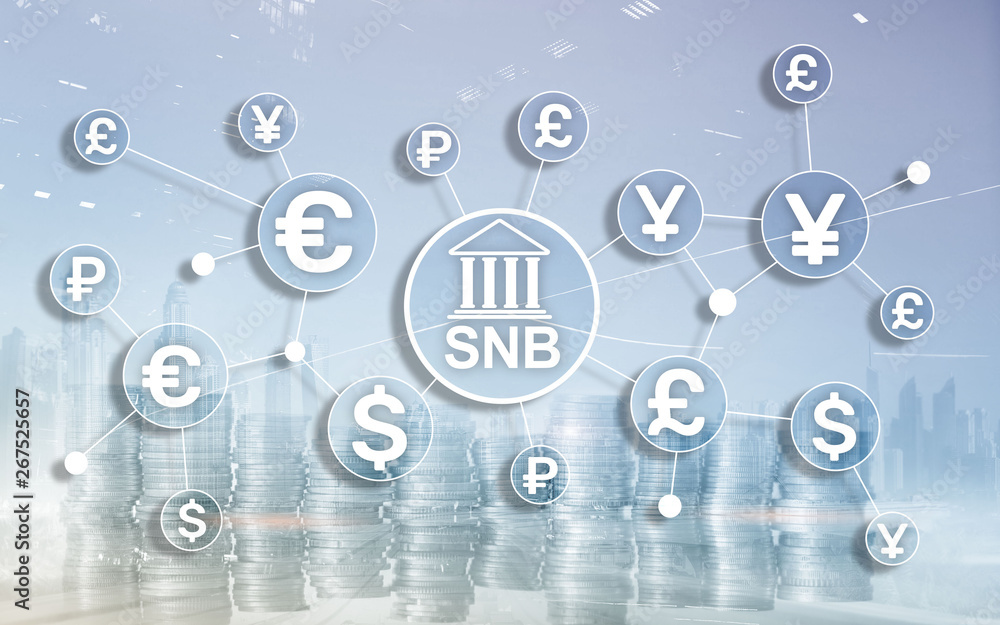 Different currencies on a virtual screen. SNB. Swiss National Bank. Different currencies on a virtual screen. SNB. Swiss National Bank.