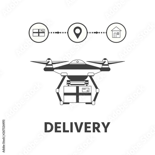 Drone with box.  Delivery service by drone. Vector illustration with flying quadrocopter in flat style.
