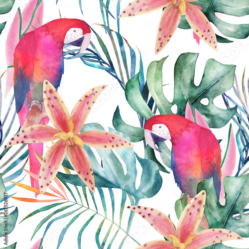 Carta da parati Pappagalli - Carta da parati Tropical seamless pattern with parrots,  orchids and leaves. Watercolor summer print. Exotic floral hand drawn illustration