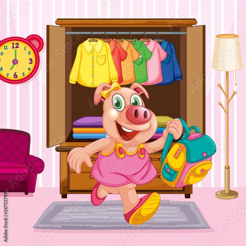 A pig cartoon character in the room