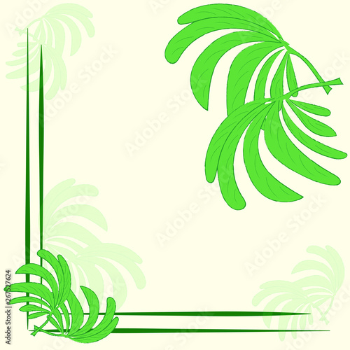 Stylish trendy label mock-up frame with leaves of palm green nature pattern on a pale beige background with copy space for text