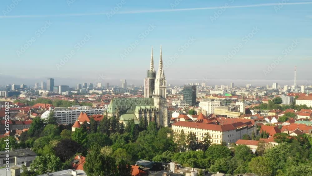 Zagreb, capital of Croatia, city center aerial view from drone, towers of gothic catholic cathedral, rising reveal shot Zagreb, capital of Croatia, city center aerial view from drone, towers of gothic catholic cathedral, rising reveal shot