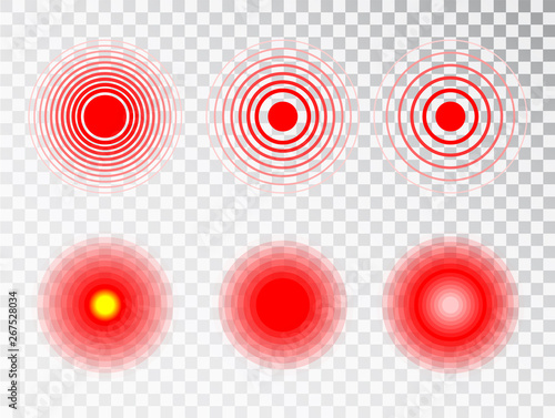 Pain red circle or localization mark, aching place sign, abstract symbol of pain, sore spot or hurt body part marker, design element for painkiller advertisement and medical information posters.