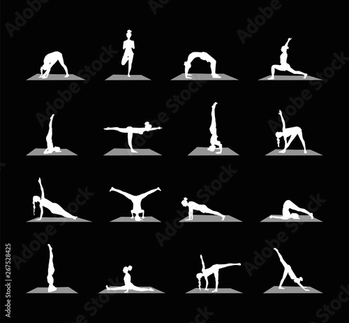 Yoga poses set. vector illustration on black background