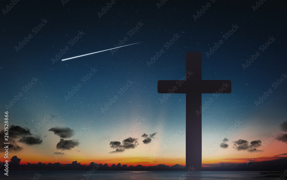Silhouette of crucifix cross at sunset time and night sky with shooting star background. Silhouette of crucifix cross at sunset time and night sky with shooting star background.
