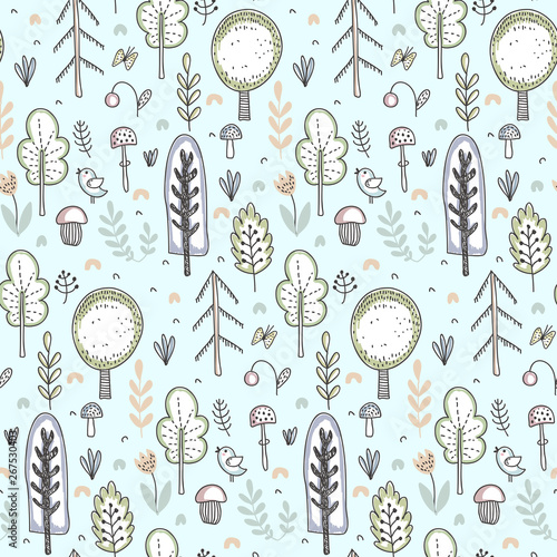 Vector seamless pattern with hand drawn forest trees