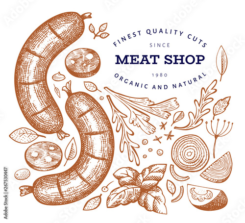 Vintage vector meat illustration. Hand drawn sausages, spices and herbs. Food ingredients. Retro sketch. Can be use for label, restaurant menu.
