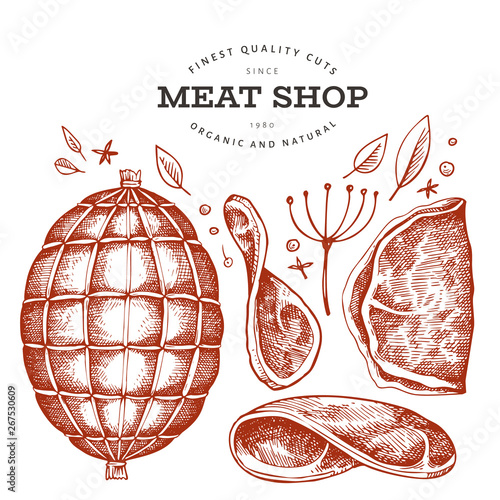 Vintage vector meat illustration. Hand drawn ham, ham slices, spices and herbs. Raw food ingredients. Retro sketch. Can be use for label, restaurant menu.