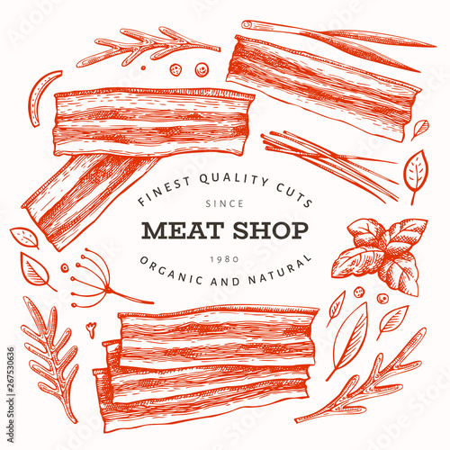 Vintage vector meat illustration. Hand drawn bacon, spices and herbs. Raw food ingredients. Retro sketch. Can be use for label, restaurant menu.