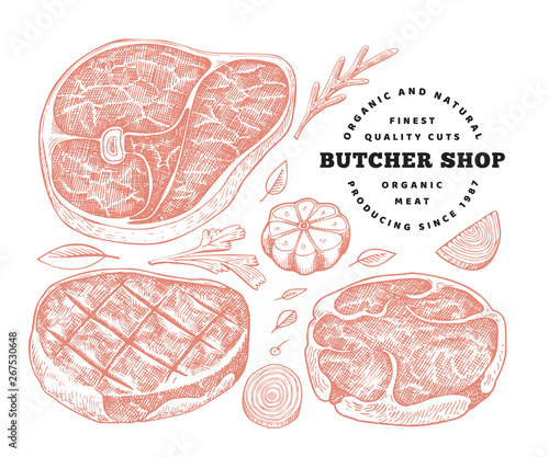 Vintage vector meat illustration. Hand drawn steak set, spices and herbs. Raw food ingredients. Retro sketch. Can be use for label, restaurant menu.