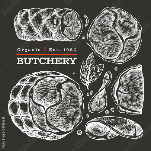 Vintage vector meat illustration on chalk board. Hand drawn ham, ham slices, spices and herbs. Raw food ingredients. Retro sketch. Can be use for label, restaurant menu.