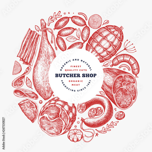 Vintage vector meat products design template. Hand drawn ham, sausages, jamon, spices and herbs. Raw food ingredients. Retro illustration. Can be use for label, restaurant menu.