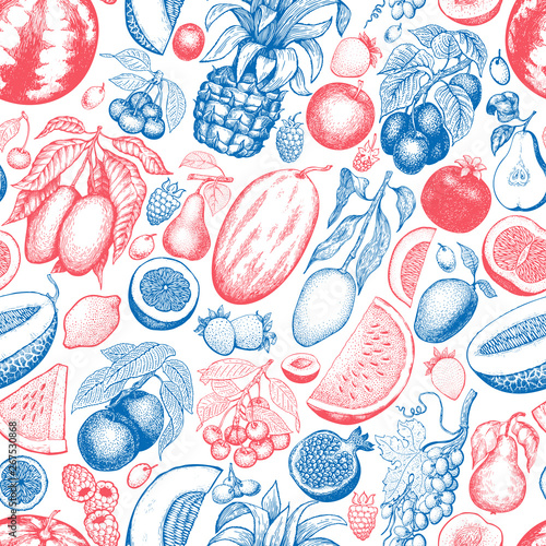 Fruits and berries seamless pattern. Hand drawn vector tropic fruits illustration. Engraved style fruit. Retro exotic food banner.