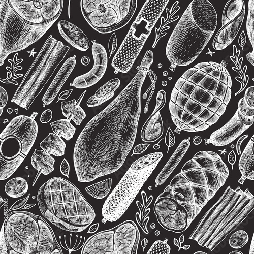 Vintage vector meat products seamless pattern. Hand drawn ham, sausages, jamon, spices and herbs. Raw food ingredients. Retro illustration on chalk board. Can be use for label, restaurant menu.