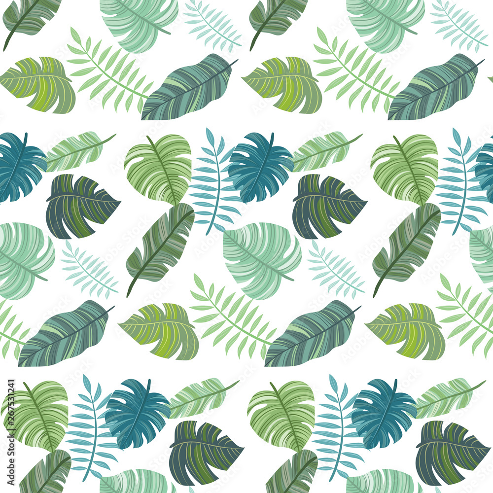 Sheamless pattern with tropical leaves. Tropical background.