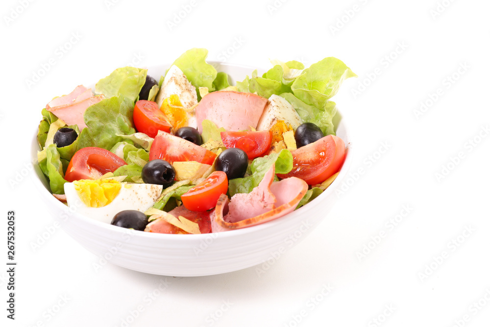 bowl of mixed salad with egg, ham and tomato