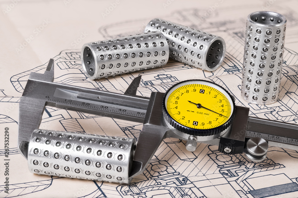 Linear ball bearings measurement. Caliper gauge. Technical drafting