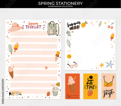 Collection of weekly and daily planners, sheet for notes and to do lists with summer  illustrations and lettering. 