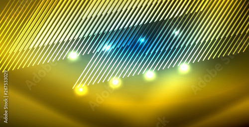 Neon glowing techno lines, blue hi-tech futuristic abstract background template with lights