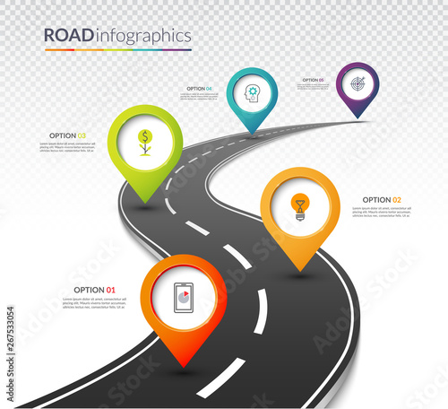 Road map timeline infographic template with 5 colorful pin pointers on the way. Vector illustration