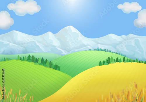 Summer landscape view of green meadows, mountains