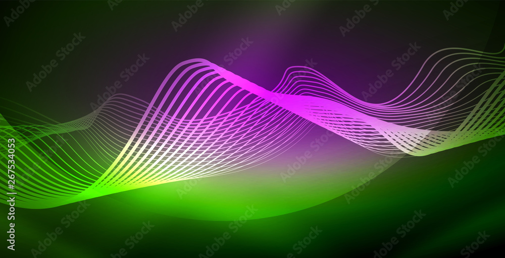 Glowing abstract wave on dark, shiny motion, magic space light. Techno abstract background